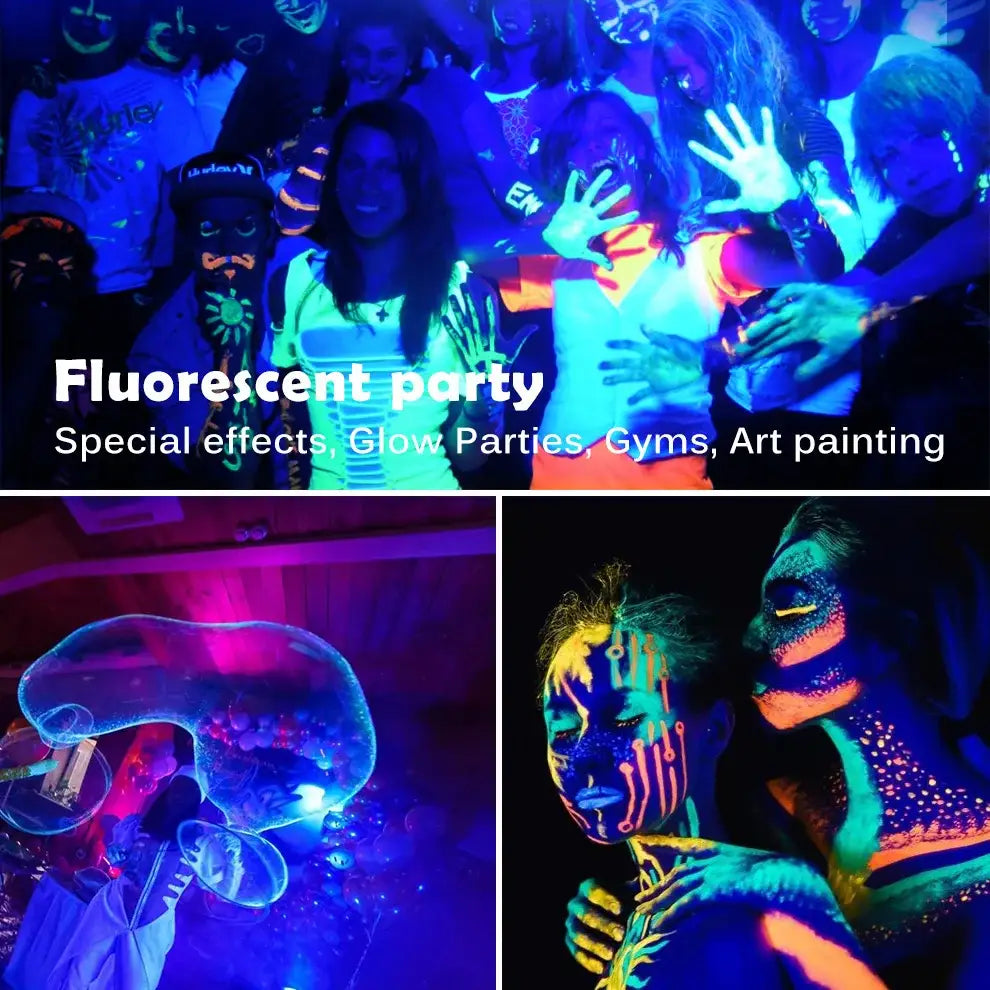 Glowing fluorescent body paint illuminated by decorbites 100w led uv blacklight panel in bright blue led for parties
