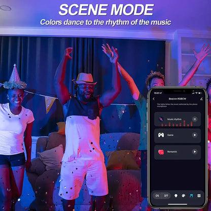 Smartphone showing beacon rgbcw app interface controlling scene modes for decorbites 12w rgbw bluetooth smart led lamp