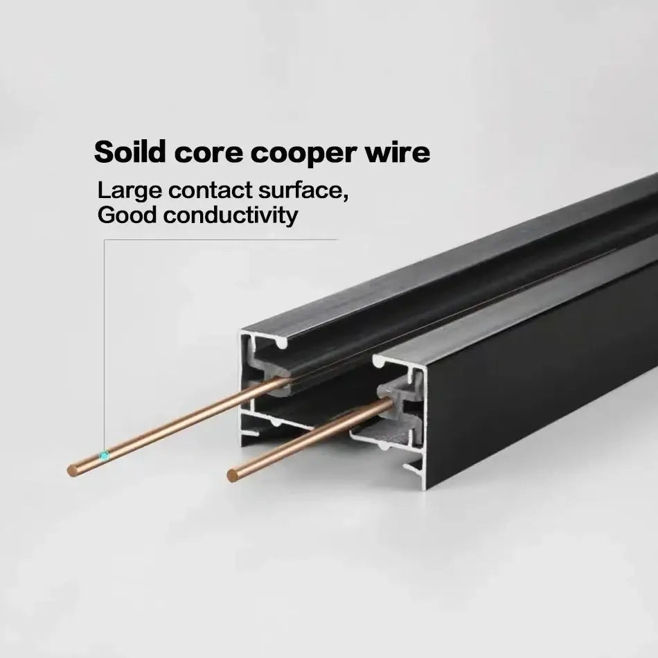 Black aluminum channel housing with two solid core copper wires for modern black and white track rail spotlight fitting