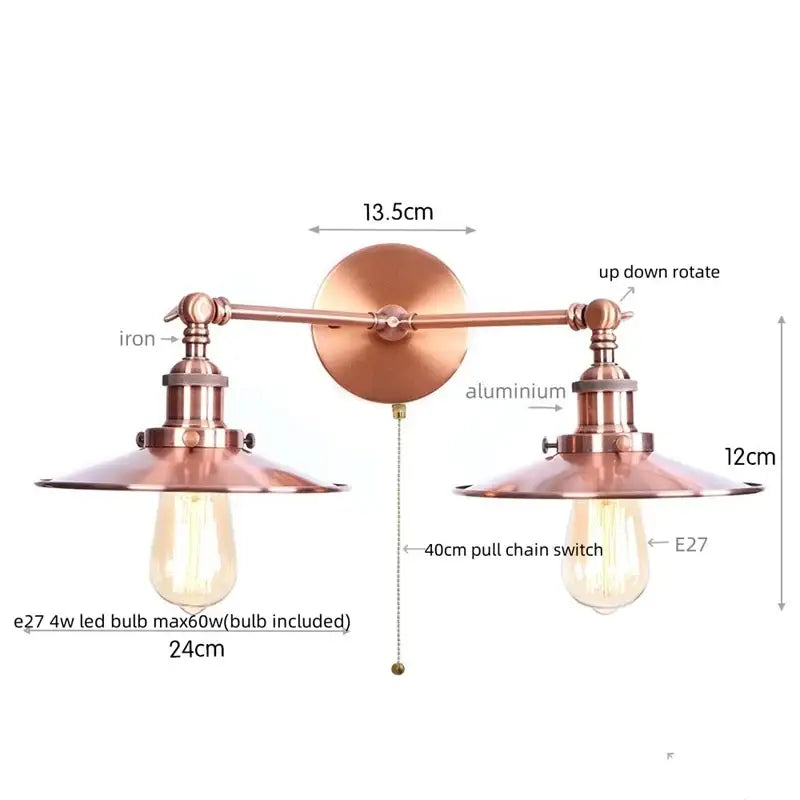 Copper-finished industrial vintage black 2-head led wall lamp with adjustable arms and shades for living room use