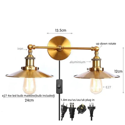 Brass-finished industrial vintage black 2-head led wall lamp with adjustable conical shades and central switch for living room
