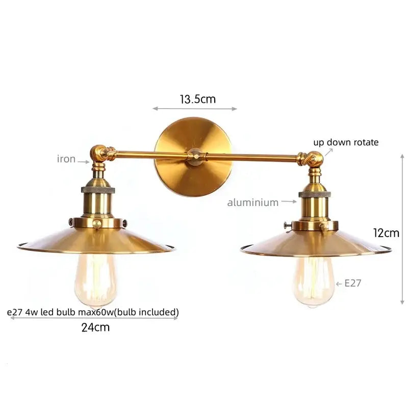 Brass-finished industrial vintage black 2-head led wall lamp with adjustable conical lampshades and exposed edison bulbs