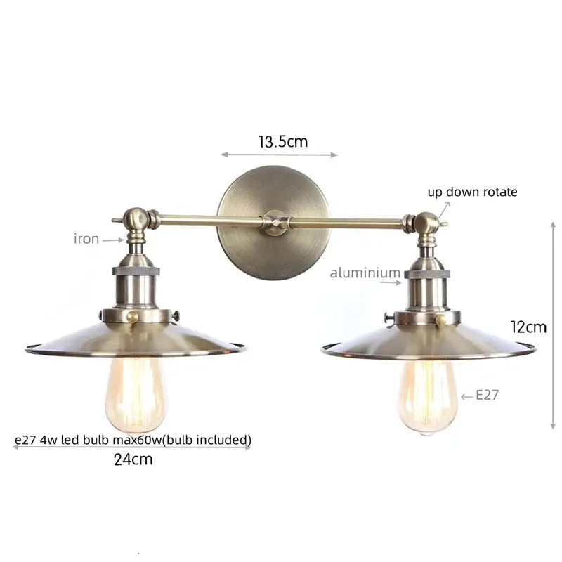 Industrial vintage black 2-head led wall lamp with adjustable brass shades and exposed edison bulbs for living room use