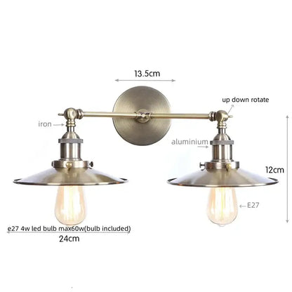 Industrial vintage black 2-head led wall lamp with adjustable brass shades and exposed edison bulbs for living room use
