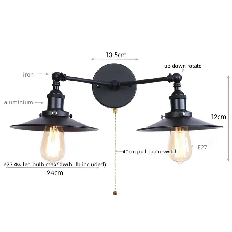 Industrial vintage black 2-head led wall lamp in iron and aluminum with adjustable arms and edison bulbs for living room