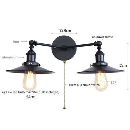Industrial vintage black 2-head led wall lamp in iron and aluminum with adjustable arms and edison bulbs for living room