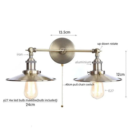 Industrial vintage black 2-head led wall lamp with brushed brass shades and iron arms for living room lighting
