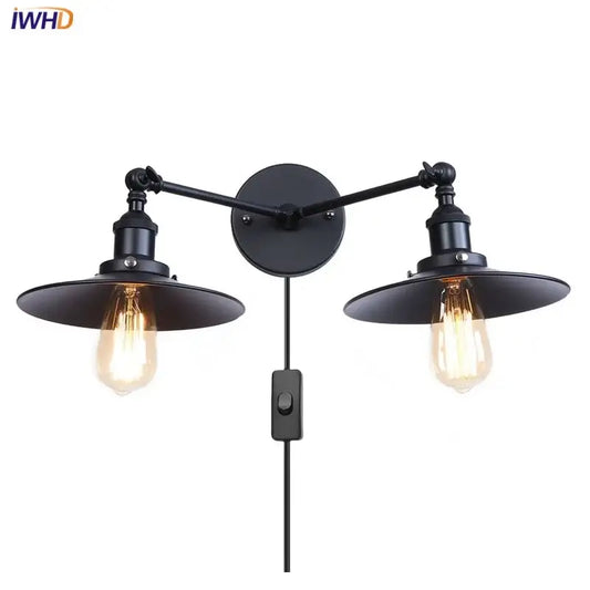 Industrial vintage black led wall lamp with two adjustable metal arms and edison bulbs for living room use