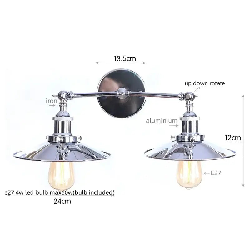 Industrial vintage black led wall lamp with chrome finish and two adjustable arms holding edison bulbs under conical shades