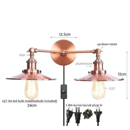 Copper-toned industrial vintage black 2-head led wall lamp with adjustable arms and matching lampshades for living room