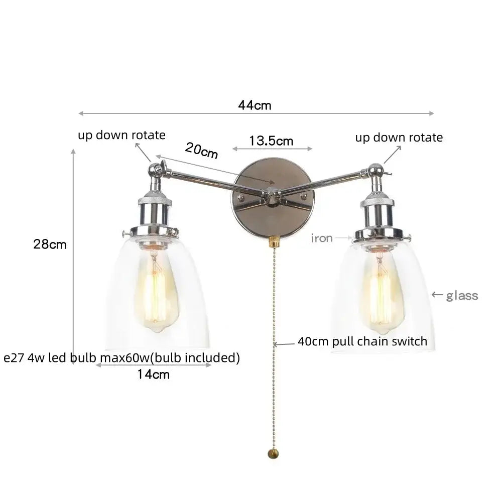 Modern chrome double glass led wall lamps with industrial-style sconce and clear glass shades over edison bulbs