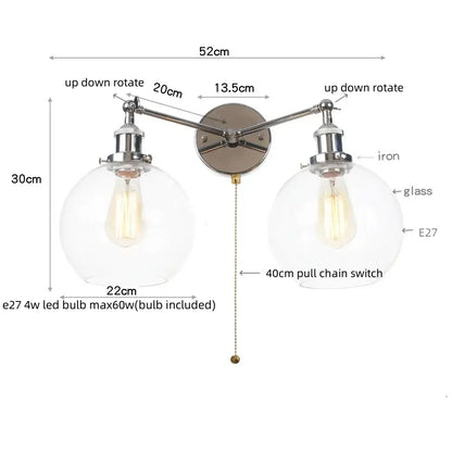 Modern chrome double glass led wall lamps with adjustable arms and e27 bulbs for bedroom lighting fixtures