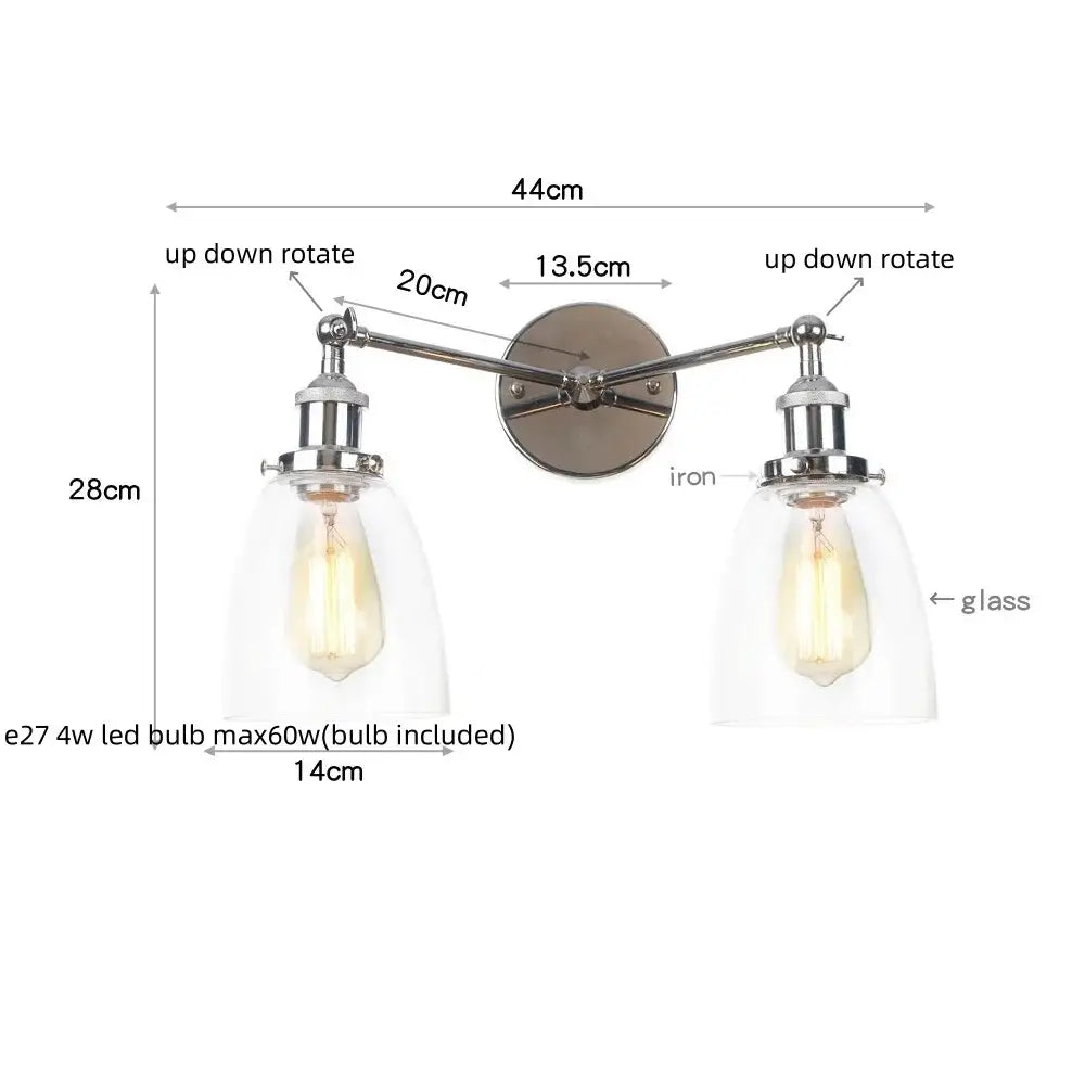 Modern chrome double glass led wall lamps with adjustable arms and clear shades for bedroom lighting fixtures