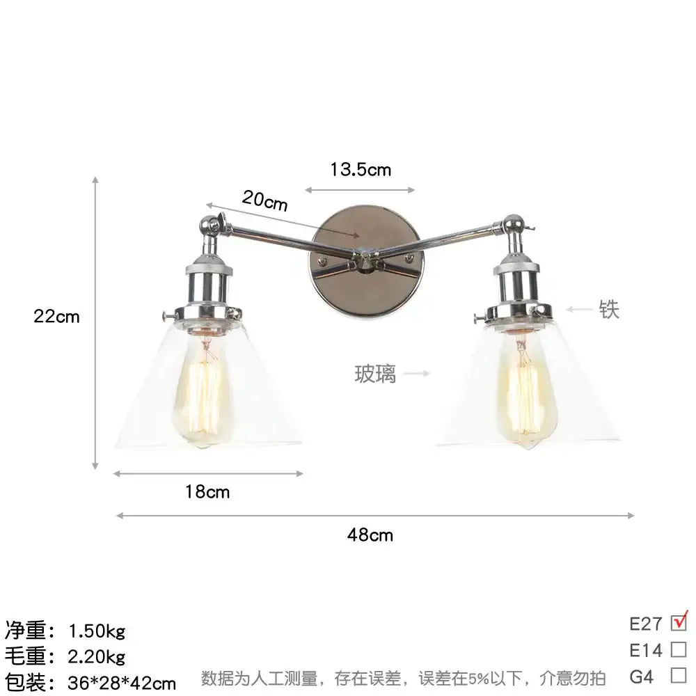 Modern chrome double-arm wall lamps with clear glass shades and exposed edison bulbs for led wall lighting