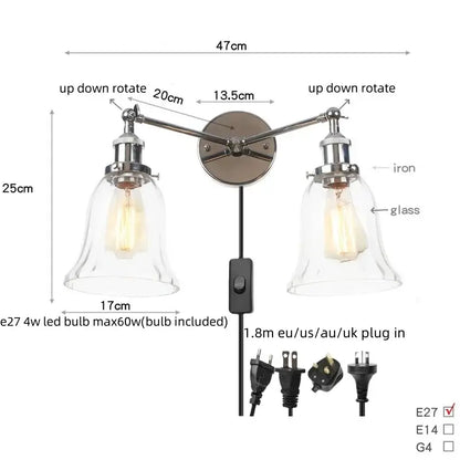 Modern chrome double glass led wall lamps featuring adjustable industrial-style chrome iron arms and clear glass shades
