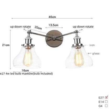 Modern chrome double glass led wall lamps with two adjustable arms and clear glass shades featuring edison bulbs