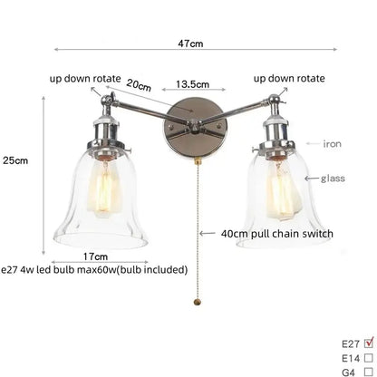 Modern chrome double glass led wall lamps with iron finish and pull chain switch for bedroom lighting fixtures