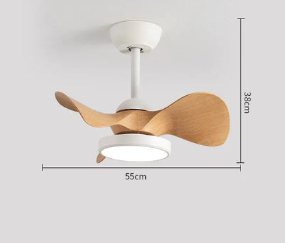 Modern white led ceiling fan with sleek plastic housing and flowing light brown wooden blades for bedroom fan light