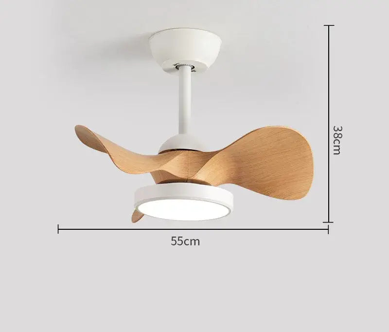 Modern white led ceiling fan with sleek plastic housing and flowing light brown wooden blades for bedroom fan light