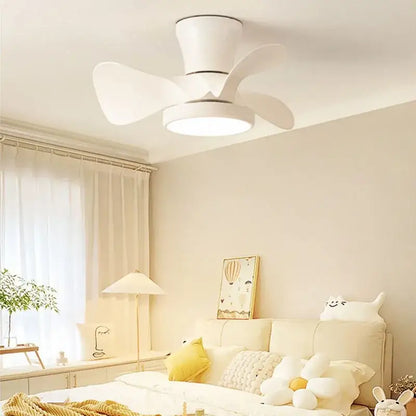 Modern white led ceiling fan with integrated fan light and three sleek curved wooden blades for bedroom use