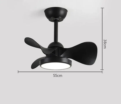 Modern black led ceiling fan with integrated fan light and three curved blades for bedroom use