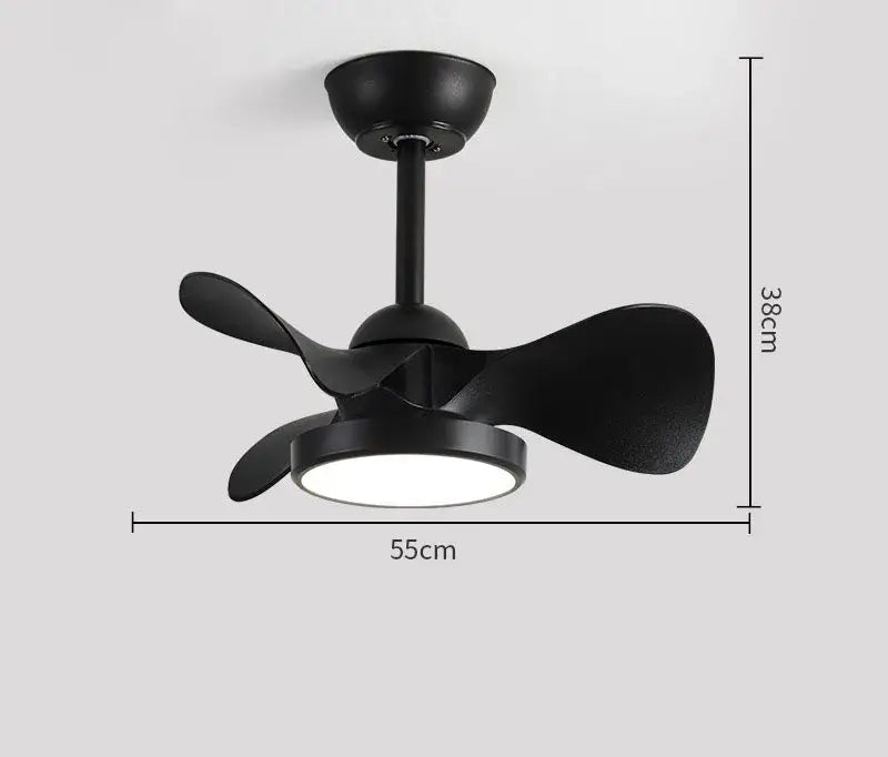 Modern black led ceiling fan with integrated fan light and three curved blades for bedroom use