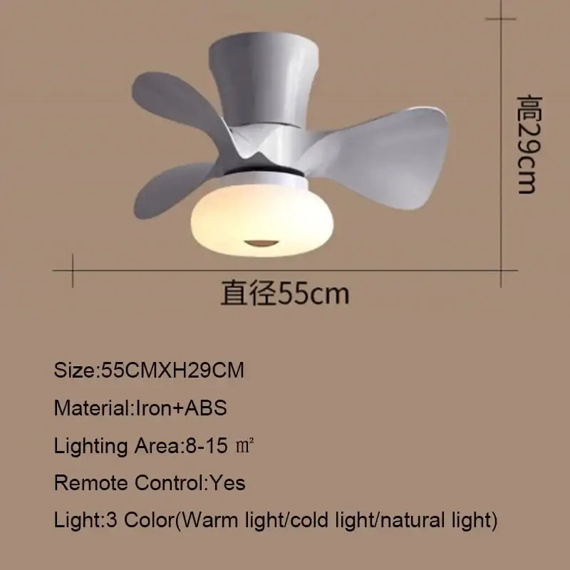 A sleek modern white smart ceiling fan with four curved blades and warm light for kids bedroom