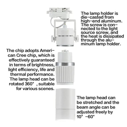 Modern white and black 25w dimmable led spotlight fixture with white die-cast aluminum and adjustable 360-degree lamp head