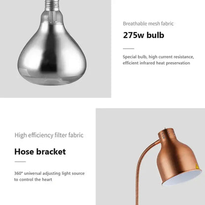 Copper-colored flexible gooseneck lamp with heat-preserving 275w electric food bulb for kitchen use