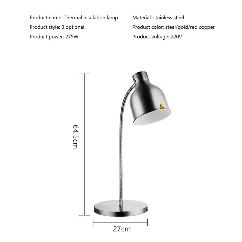 Stainless steel 275w electric food heat lamp with adjustable gooseneck in gold and rose gold finishes for kitchen use