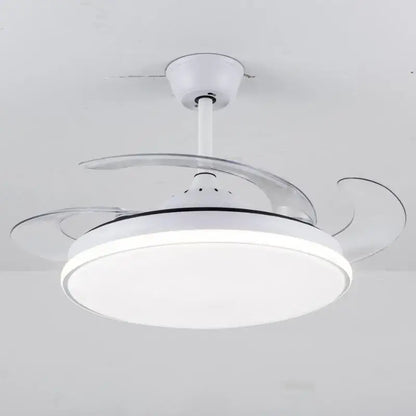 Modern white led ceiling fan with transparent curved blades and integrated light for bedroom use