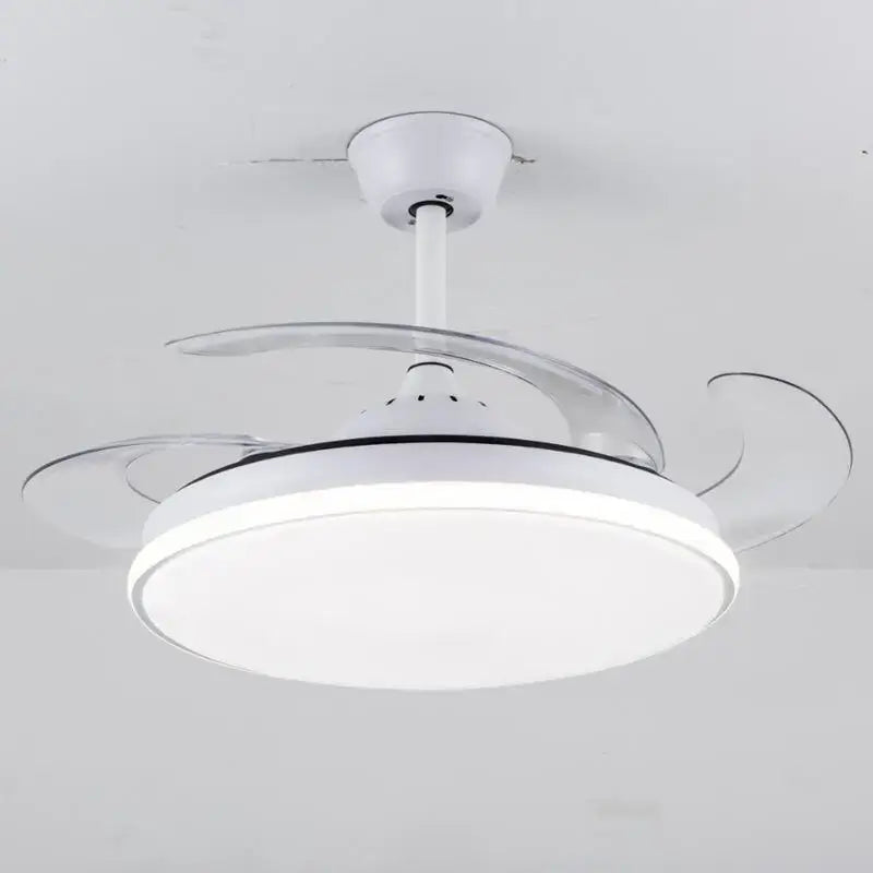 Modern white led ceiling fan with transparent curved blades and integrated light for bedroom use