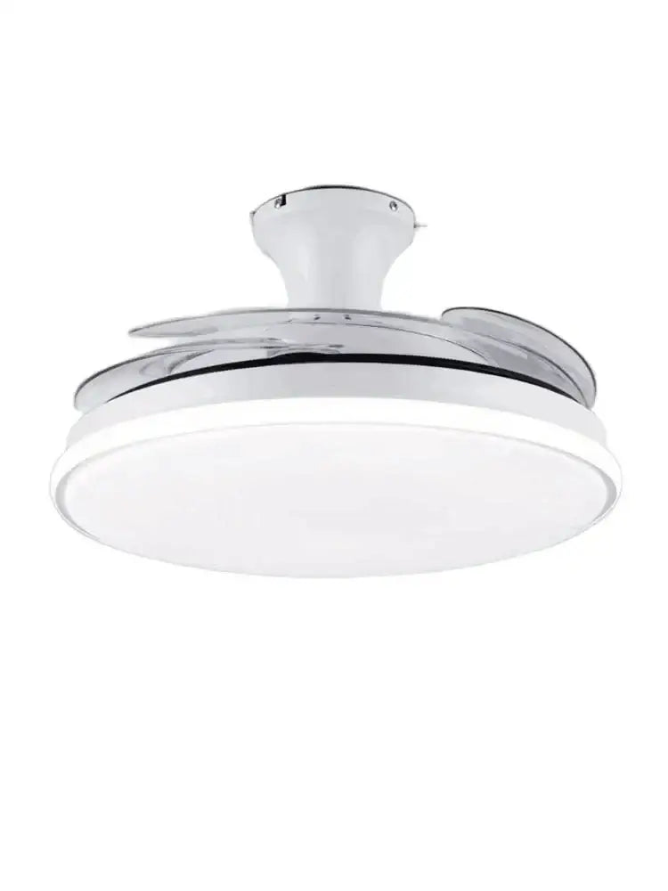 Modern white led ceiling fan with chrome finish, integrated led lighting, and sleek curved transparent blades for bedroom