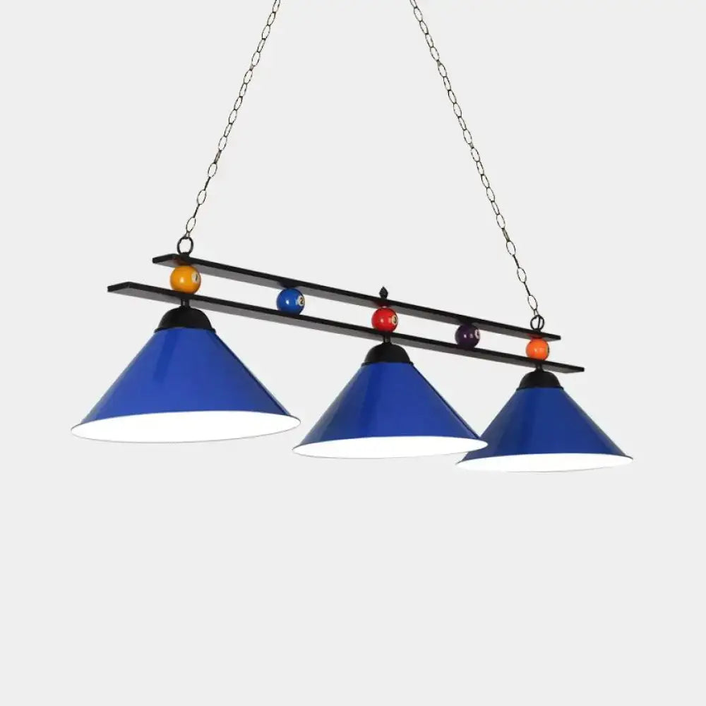 DecorBites™ 3-head conical metallic billiard light with blue shades and colorful billiard balls in black metal frame lighting fixture