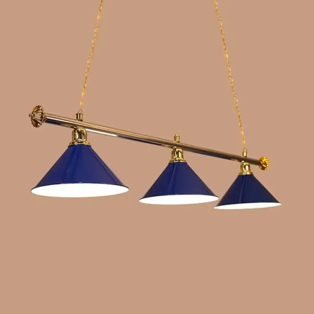 Decorbites™ 3-head conical metallic billiard light featuring blue enamel pendant lights with brass accents and gold chains