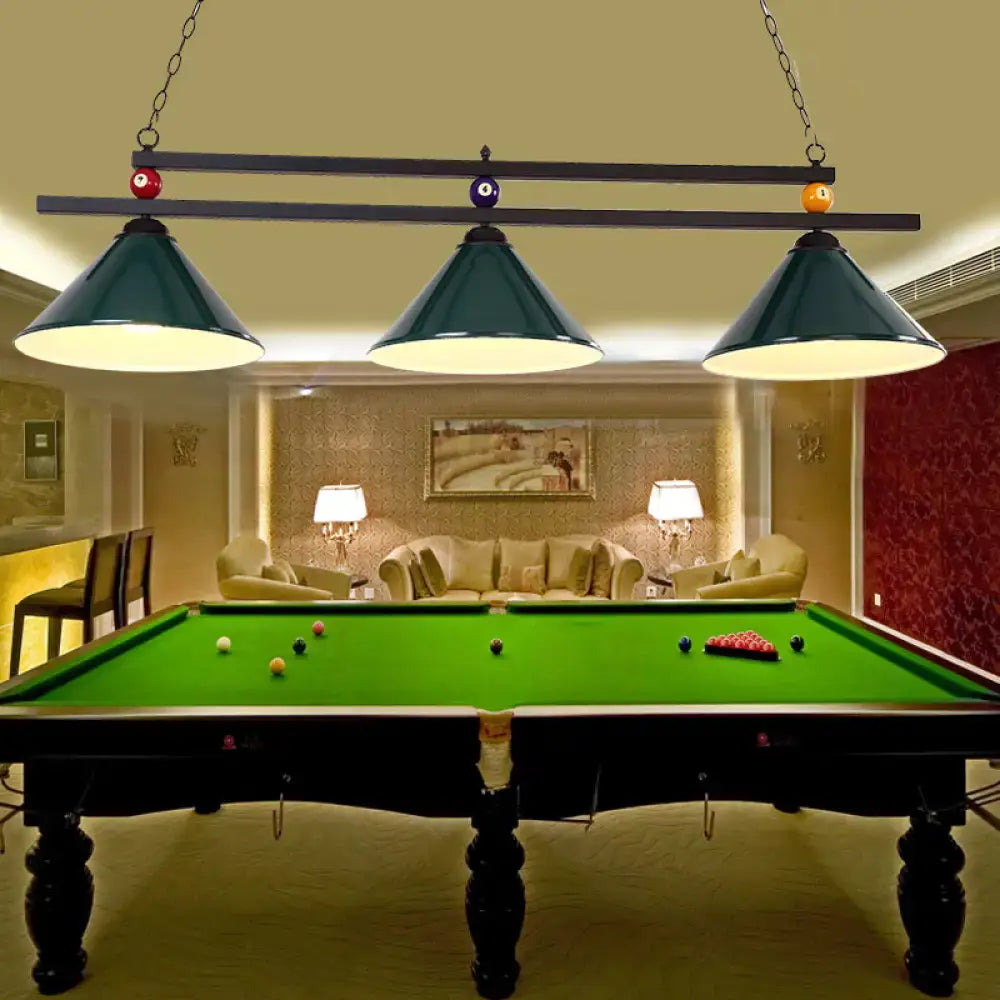 Dark green decorbites 3-head conical metallic billiard lighting fixture suspended above pool table for indoor use