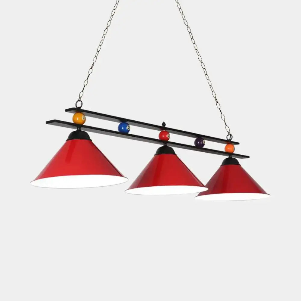 DecorBites™ 3-head conical metallic billiard lighting fixture with red shades black metal frame and billiard ball accents