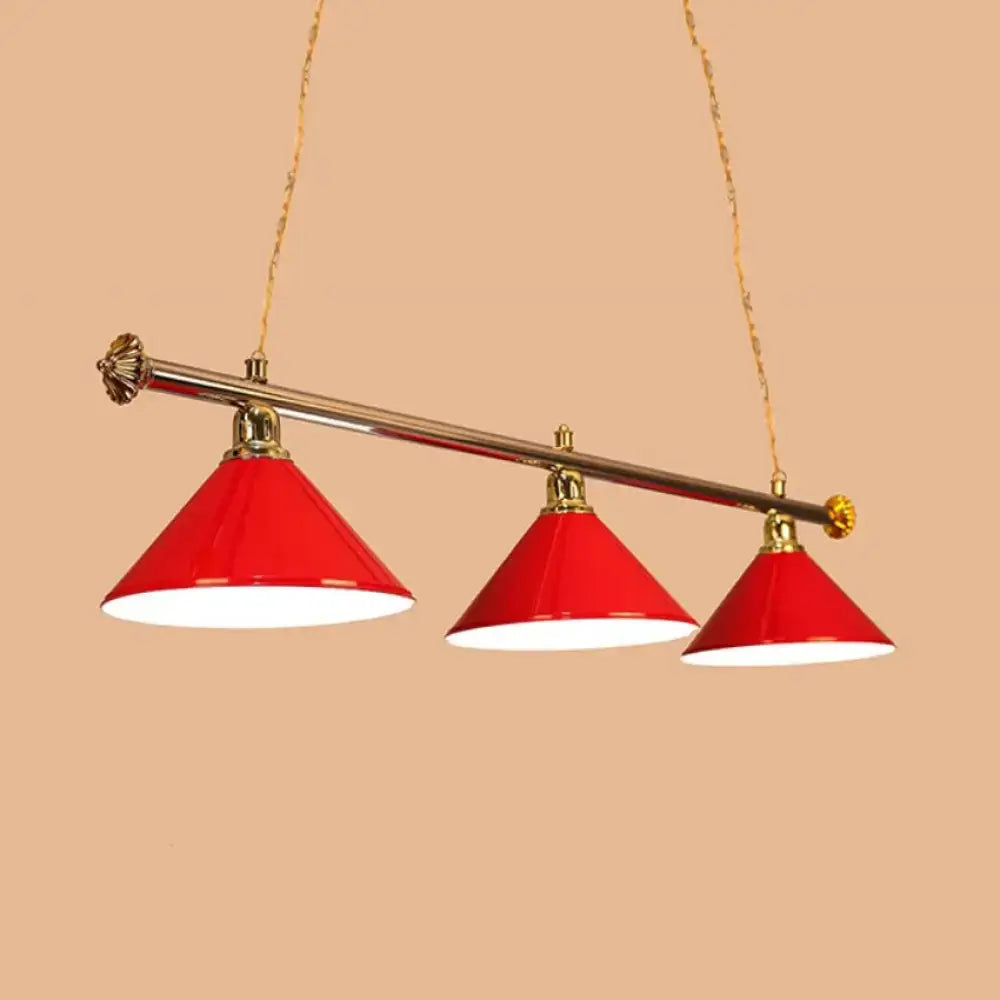 Decorbites 3-head conical metallic billiard light with red enamel pendant lights brass accents and gold chains