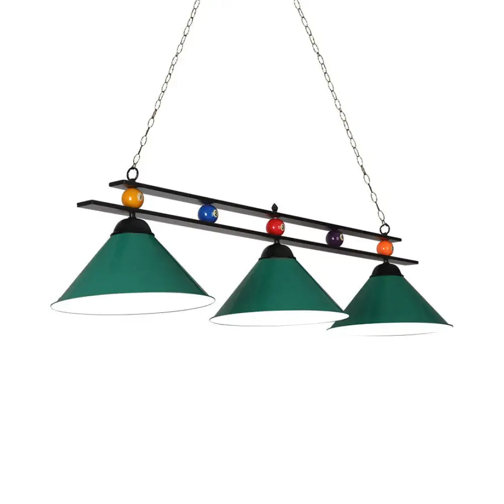 Decorbites™ green conical metallic billiard lighting fixture with black metal frame and chain suspension for indoor use