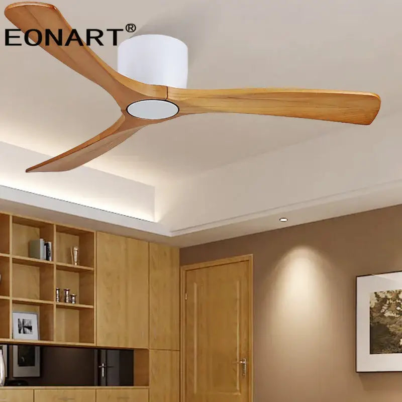 Eonart white ceiling fan with three light wooden blades and white cylindrical housing for modern living room use