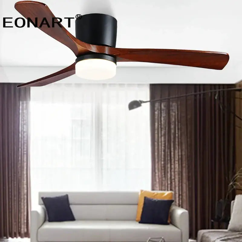 Eonart modern ceiling fan with three dark wood blades and black housing with frosted light for white ceiling use