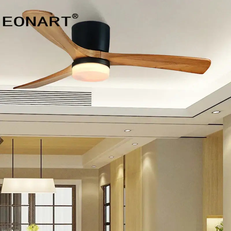 Eonart modern white and black wooden ceiling fan with three light wood blades and integrated warm led light fixture