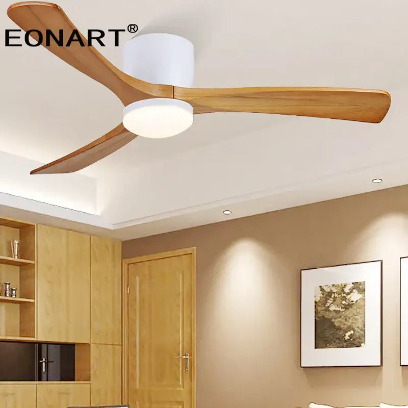Eonart white ceiling fan with three light wood blades and cylindrical housing for modern living room lighting