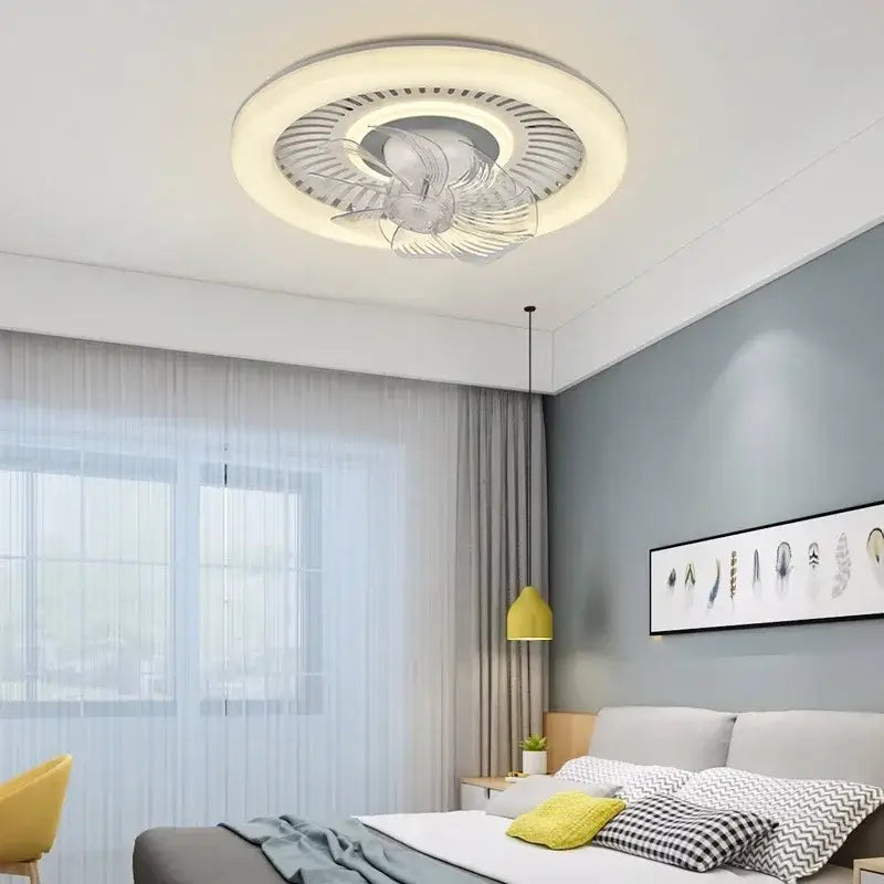 Modern white ceiling fan with rotating air supply featuring integrated led lighting and silver metallic frame