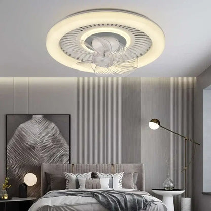 Modern white ceiling fan with rotating air supply featuring translucent acrylic blades and integrated led light for bedroom use