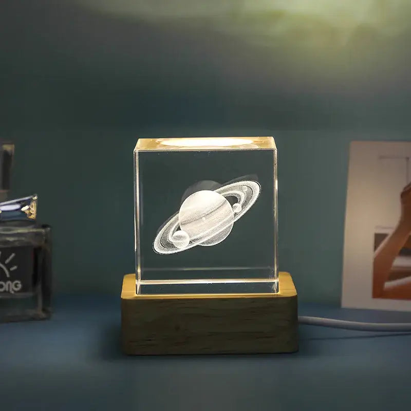 Decorbites 3d moon solar galaxy glass cube night light with laser-engraved saturn design and wooden base
