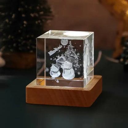 Decorbites 3d moon solar galaxy glass cube night light with clear crystal cube engraved snowmen and christmas scene illuminated