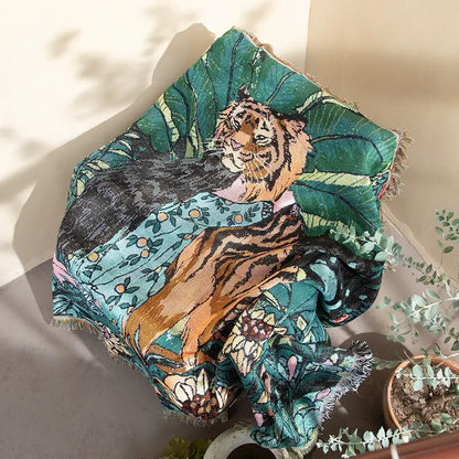 Vibrant decorbites 3d print tiger linen blanket with teal orange floral patterns soft warm bedroom throw