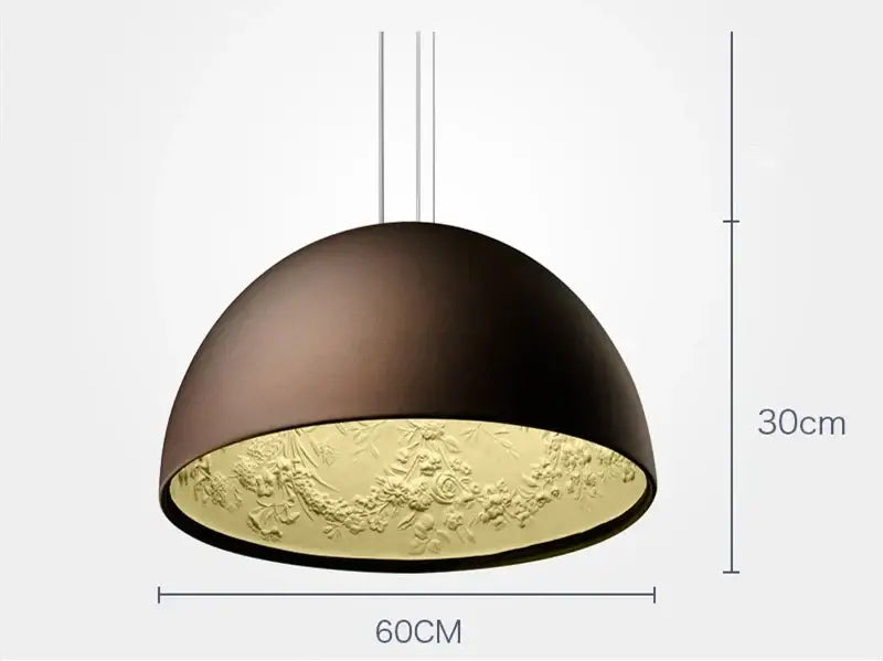 A modern black sky garden resin chandelier pendant light with a matte dark brown dome and gold floral embossed interior
