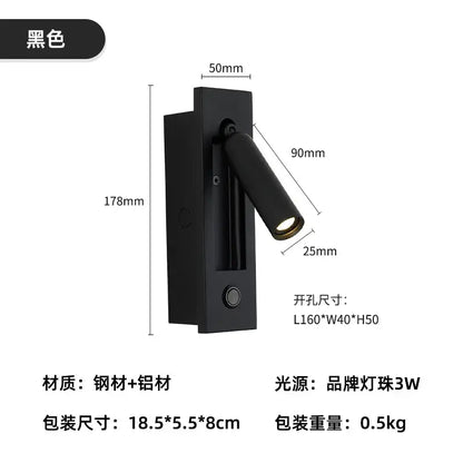 Modern brass and black led mounted headboard wall light with black matte finish and adjustable arm decorbites 3w led wall light